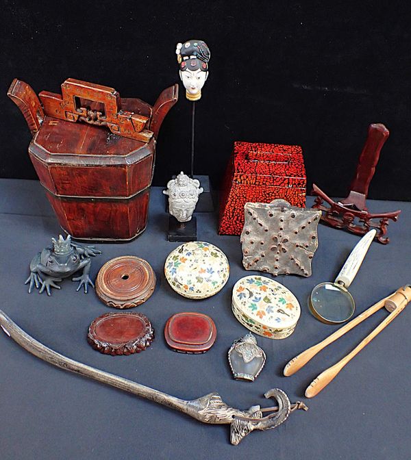 A CHINESE WOODEN BOX, AND OTHER ITEMS