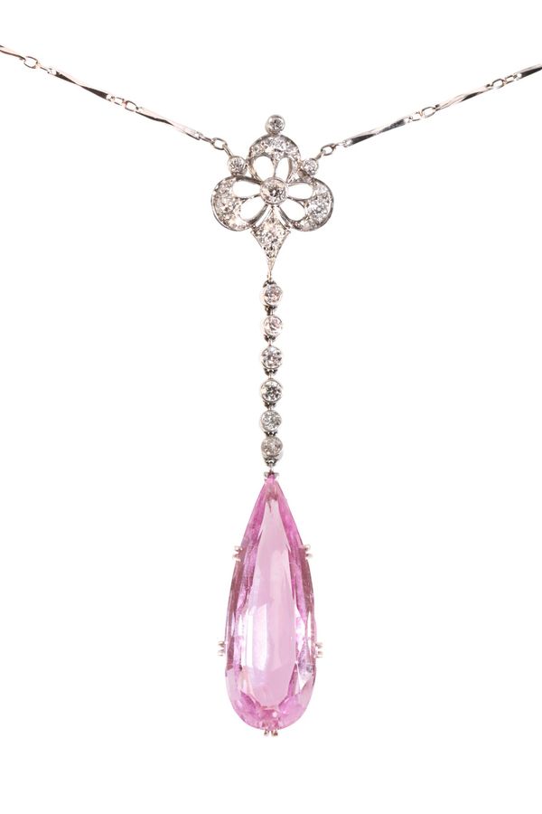 A FINE BELLE-EPOQUE PINK TOPAZ AND DIAMOND PENDANT NECKLACE