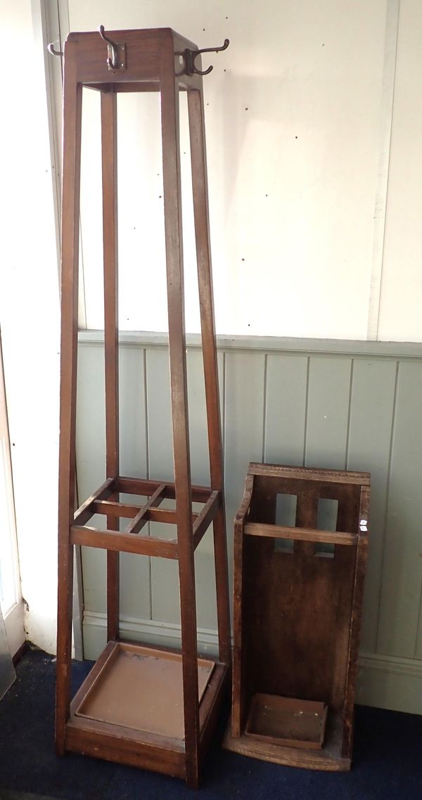 A MAHOGANY OFFICE COAT AND UMBRELLA STAND