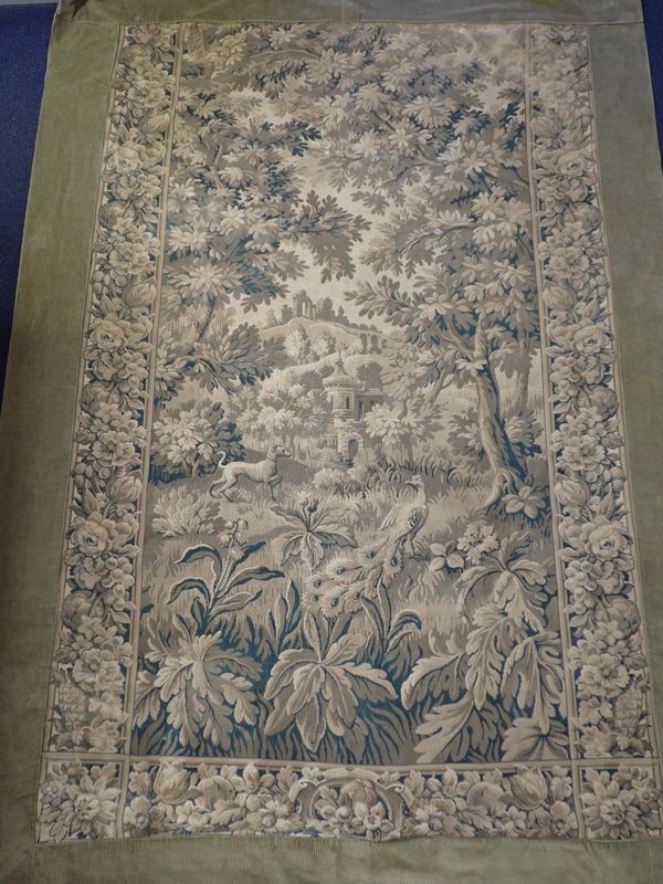 A TAPESTRY PANEL, VERDURE STYLE LANDSCAPE WITH PEACOCK AND CASTLE