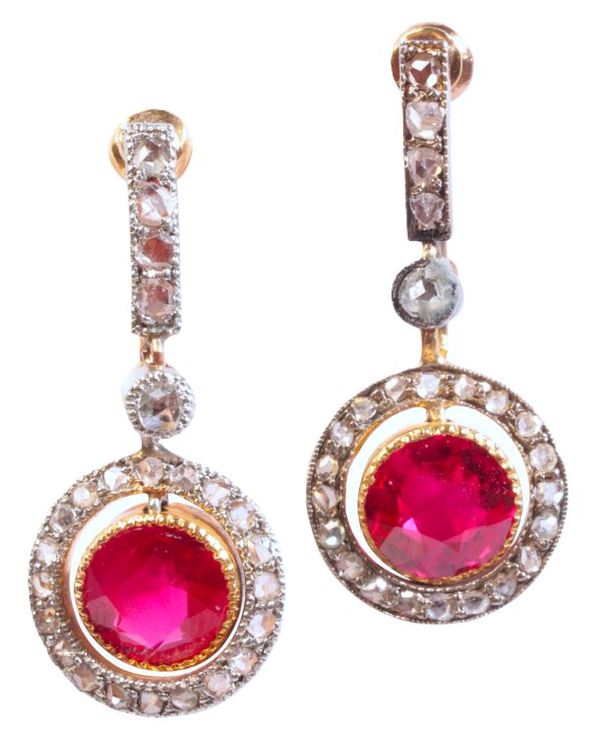 A PAIR OF VINTAGE SYNTHETIC RUBY AND DIAMOND DROP EARRINGS