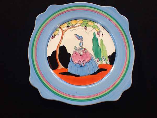 CLARICE CLIFF: A LEDA SHAPED PLATE, APPLIQUE IDYLL