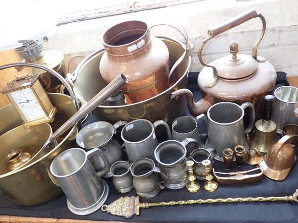 TWO BRASS JAM PANS, A BRASS SAUCEPAN