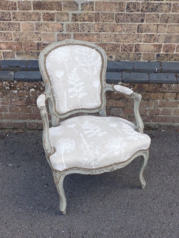 A FRENCH FAUTEUIL ARMCHAIR, WITH PAINTED FRAME