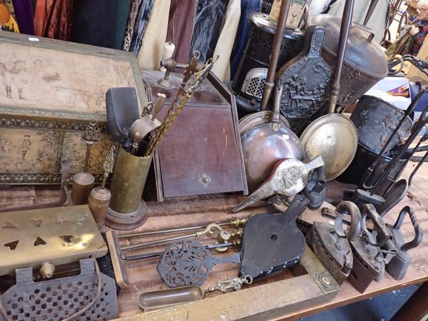 A COLLECTION OF FIRESIDE TOOLS, COALBOXES