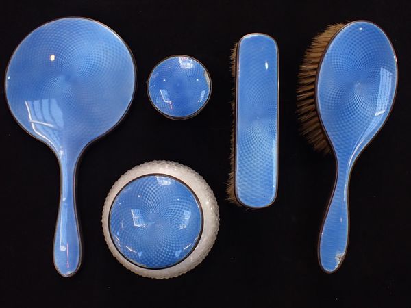 A SILVER AND GUILLOCHE ENAMEL DRESSING TABLE SET