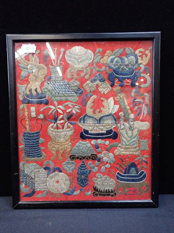 A CHINESE EMBROIDERY IN EBONISED FRAME