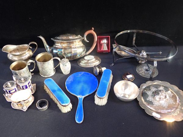 A GEORGE V THREE PIECE ENAMELLED SILVER DRESSING TABLE SET