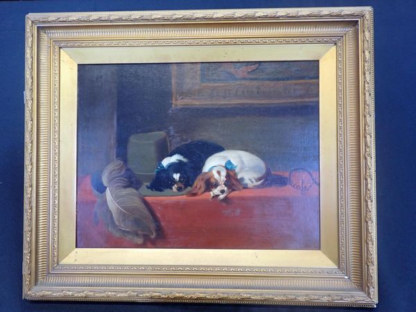 A 19th CENTURY NAIVE OIL ON CANVAS OF TWO KING CHARLES SPANIELS