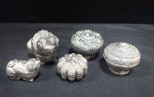 A GROUP OF INDIAN WHITE METAL COVERED DISHES