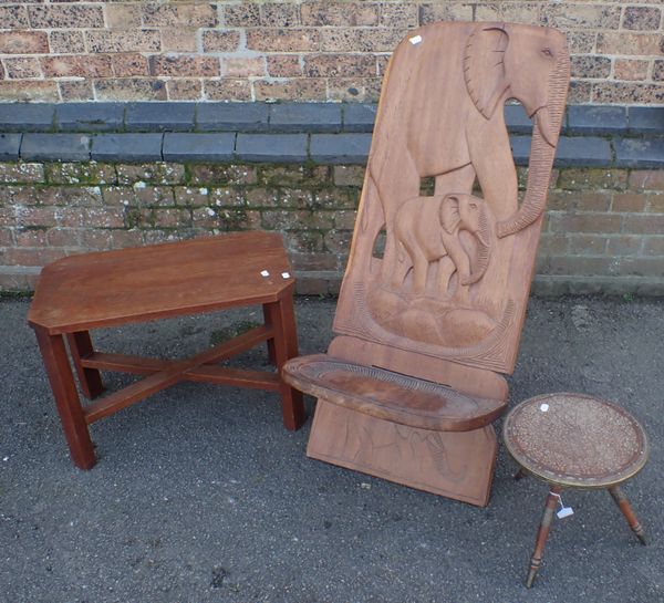 AN AFRICAN TEAK CHAIR, CARVED WITH ELEPHANTS