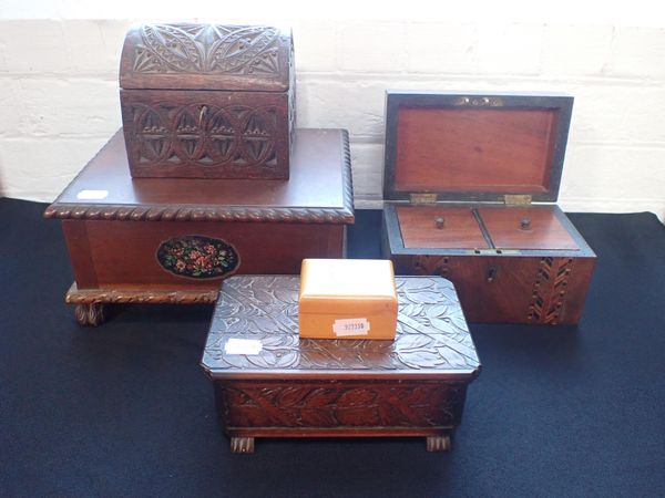 FIVE WOODEN BOXES, INCLUDING A MAUCHLINE WARE BOX