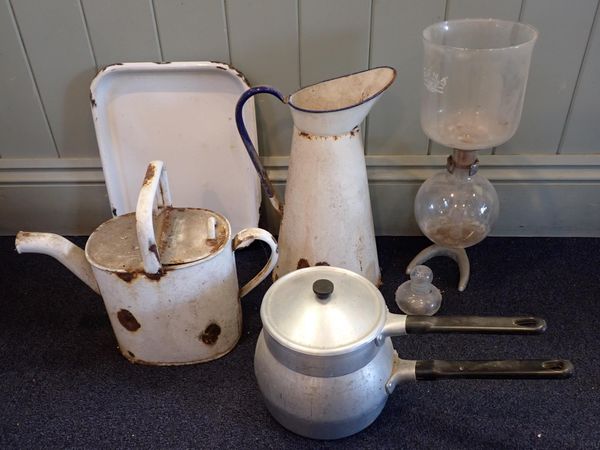 AN ENAMEL WATER CAN, SIMILAR JUG