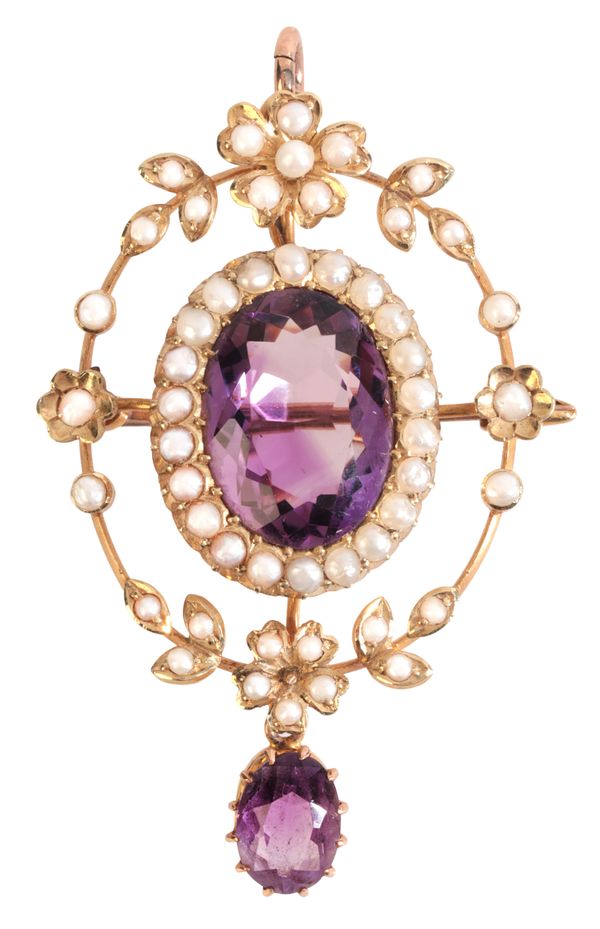 AN ANTIQUE AMETHYST AND PEARL PEDANT / BROOCH