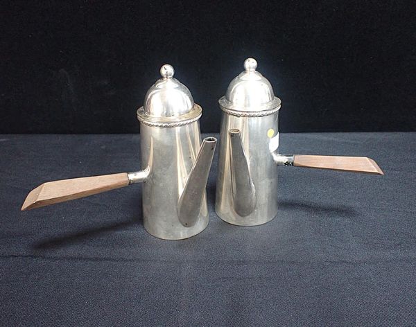 A PAIR OF SILVER-PLATED CHOCOLATE POTS
