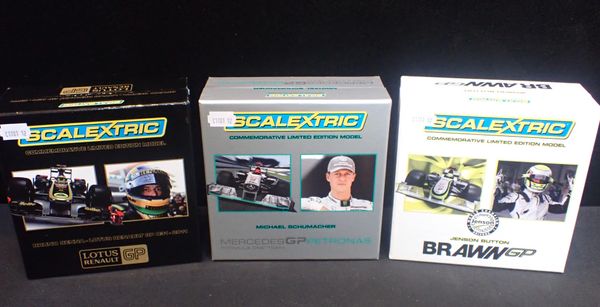 THREE BOXED SCALEXTRIC F1 CARS