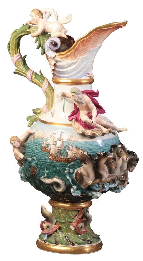 A LARGE MEISSEN PORCELAIN EWER EMBLEMATIC OF 'WATER'