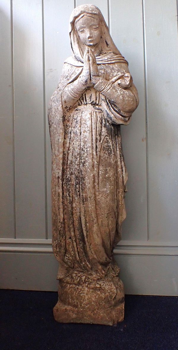 A RECONSTITUTED STONE GARDEN STATUE OF OUR LADY