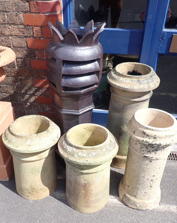 FIVE OLD CHIMNEY POTS, INCLUDING A PAIR