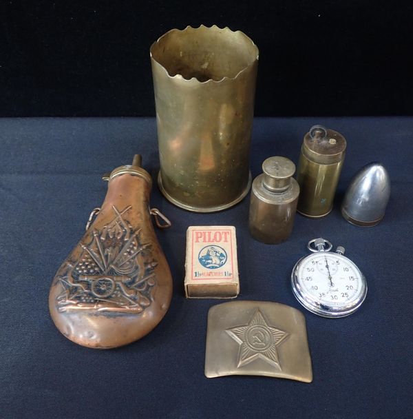 A 'TRENCH ART' LIGHTER, A POWDER FLASK