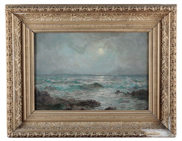 JOHN FALCONAR SLATER (1857-1937) Waves rolling onto rocks under moonlight