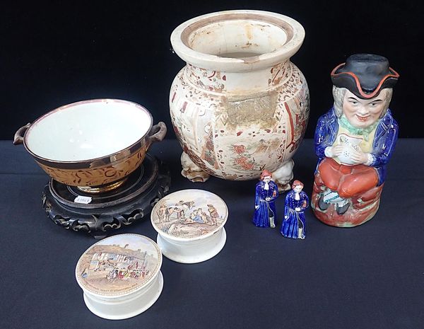A 19th CENTURY TOBY JUG, TWO PRATT POT LIDS
