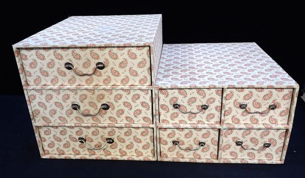 TWO SETS OF VINTAGE PAISLEY FABRIC COVERED DRAWERS
