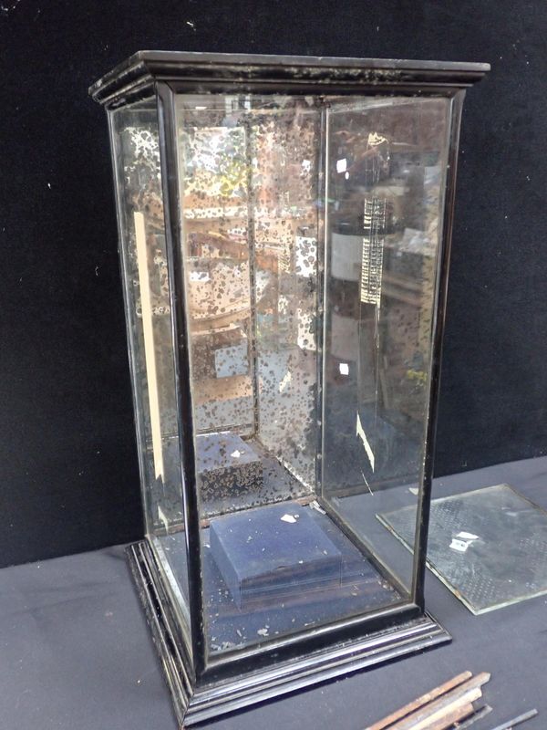 AN EARLY 20TH CENTURY EBONISED AND GLAZED ‘CADBURYS’ TYPE SHOP DISPLAY CABINET