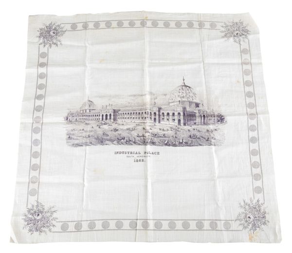 A VICTORIAN LINEN HANDKERCHIEF - ‘INDUSTRIAL PALACE, SOUTH KENSINGTON, 1862’