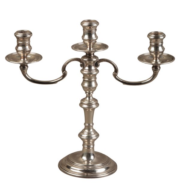 AN ELIZABETH II SILVER THREE BRANCH CANDELABRA