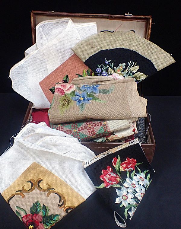 A COLLECTION OF WOOL WORK CHAIR SEAT COVERS