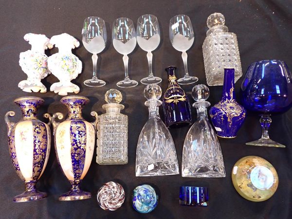 A 'BRISTOL' BLUE GLASS RUM DECANTER, GILT