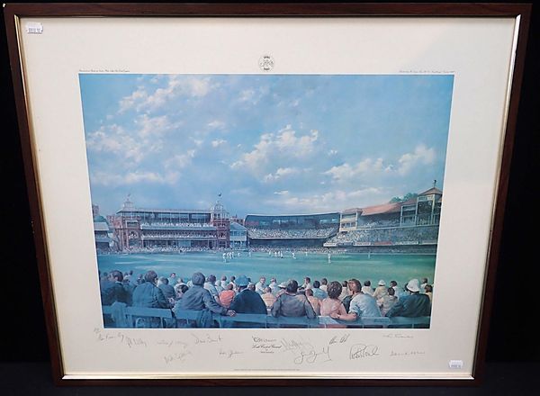 A FRAMED SIGNED LORDS CRICKET PRINT