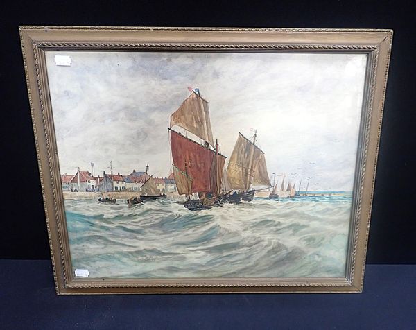 NAIVE WATERCOLOUR, BOATS IN HARBOUR