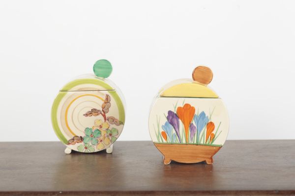 TWO CLARICE CLIFF BONJOUR PRESERVE POTS AND COVERS