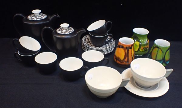 POOLE POTTERY: A COFFEE SET BY ROBERT JEFFERSON, BLACK PEBBLE PATTERN