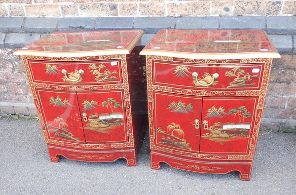 A PAIR OF MODERN RED CHINOISERIE CABINETS