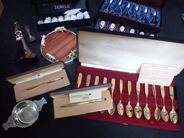 TWO BOXED CROSS GOLD-PLATED PENS, SILVER-PLATED ITEMS