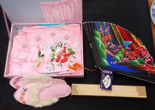 A JAPANESE EMBROIDERED SILK AND RAYON PAJAMA SET