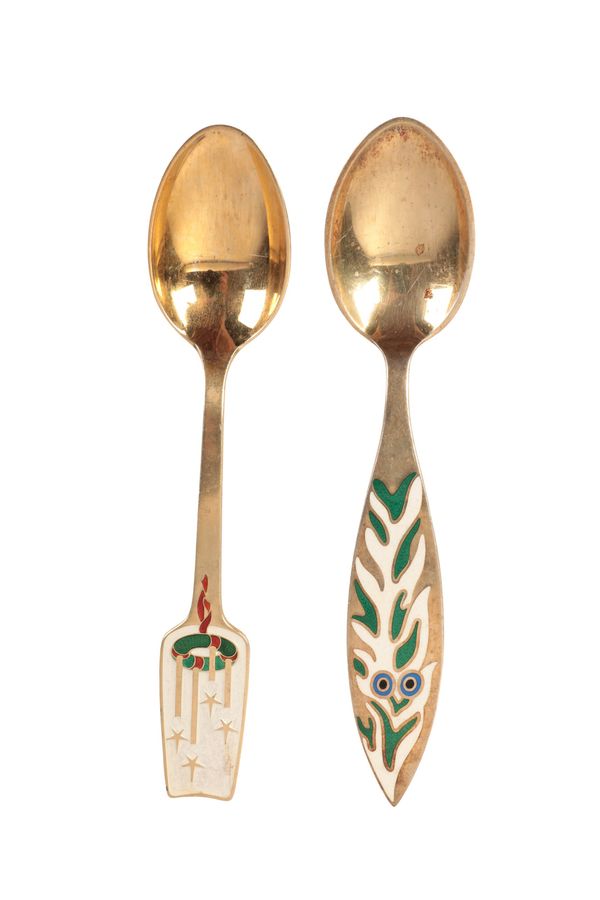 A. MICHELSEN: TWO DANISH ENAMELLED SILVER GILT CHRISTMAS SPOONS