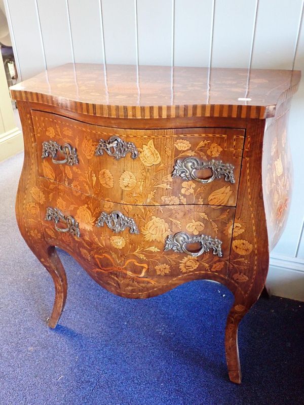 A 19th CENTURY DUTCH MARQUETRY BOMBE CHEST OF DRAWERS
