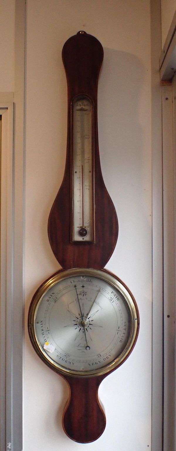 A GEORGE III MAHOGANY CASED WHEEL BAROMETER