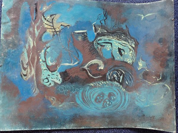AN OIL ON CARD PAINTING IN THE STYLE OF GRAHAM SUTHERLAND