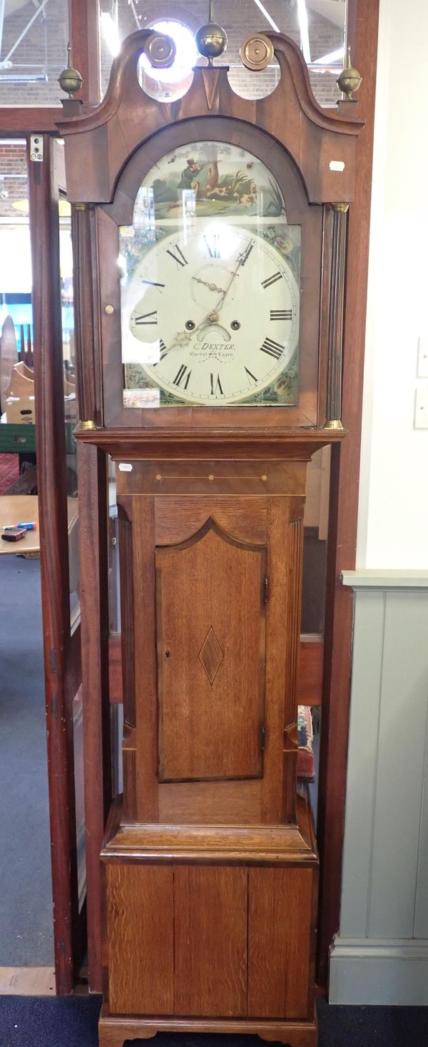 A 19th CENTURY EIGHT-DAY OAK AND MAHOGANY LONGCASE CLOCK