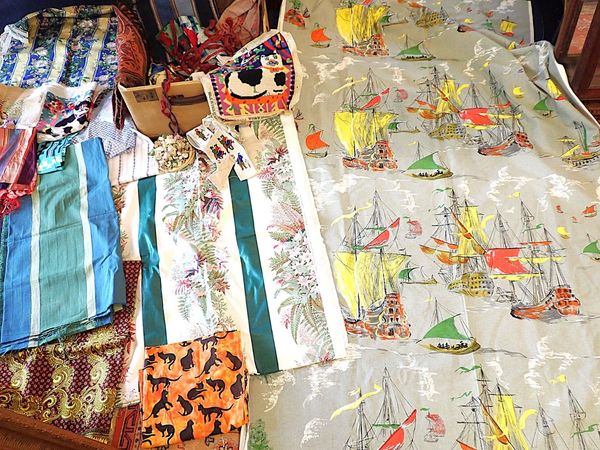 A LENGTH OF VINTAGE FABRIC PRINTED WITH BOATS