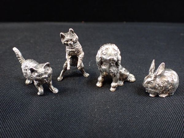 TWO SILVER KITTENS, A SILVER RABBIT AND A SILVER PLATED DOG