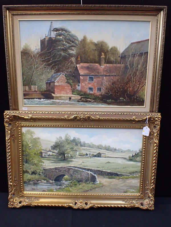 PAULA COULING: WATERMILL AND CHURCH TOWER, POSSIBLY IN DORSET