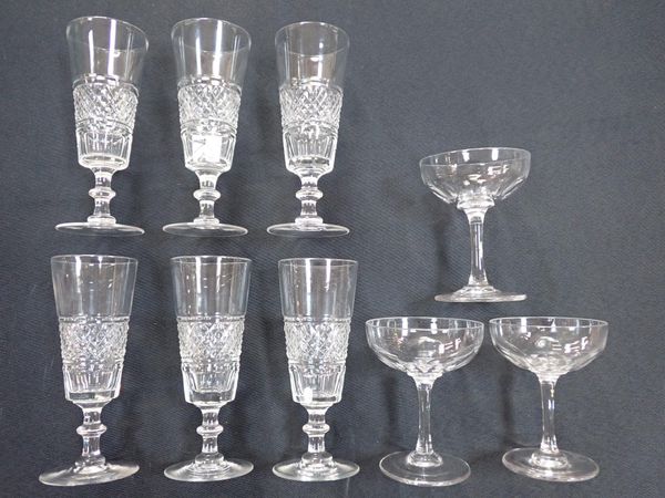 SIX CHAMPAGNE FLUTES WITH LONG BUCKET SHAPED BOWLS