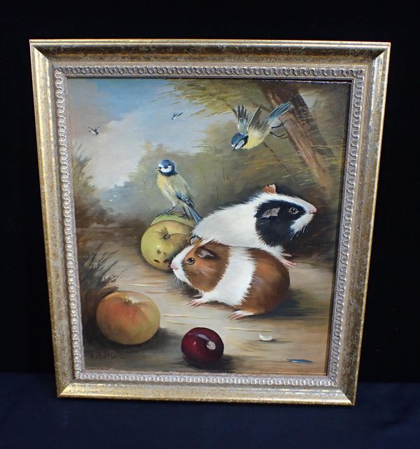 GUINEA PIGS AND BLUE TITS, OIL ON CANVAS