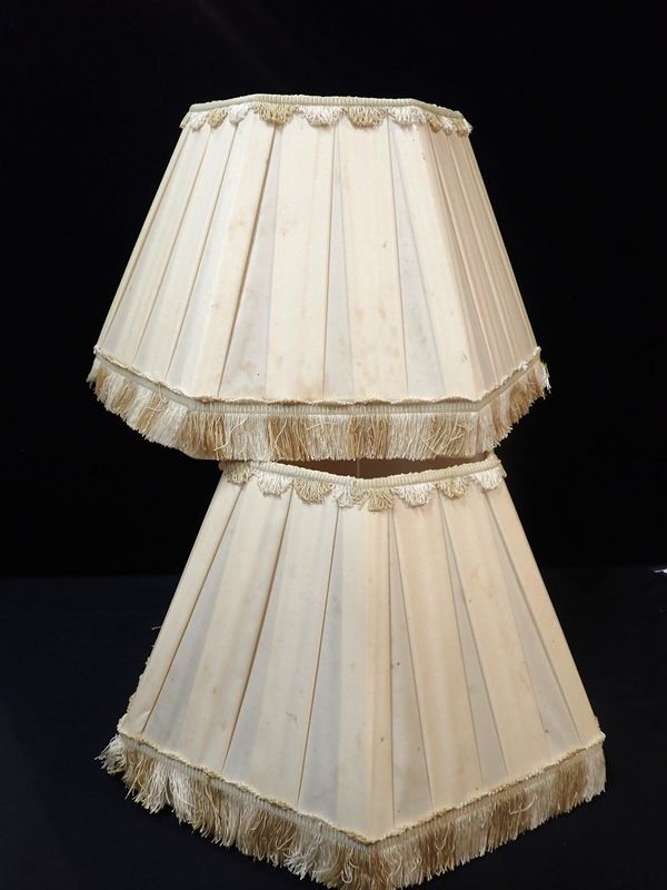 A PAIR OF VINTAGE HEXAGONAL SILK LAMPSHADES